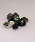 Bloodstone Tumbled Stones, rich green and red patterns with smooth polished surfaces, arranged in a group on a white background.