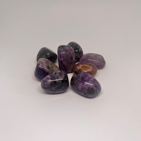 Charoite Tumbled Stones showcasing smooth, polished crystals in rich purple hues with swirling patterns, known for their ability to promote spiritual transformation, inner peace, and emotional healing.