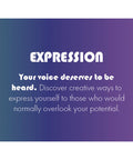 Graphic with the word 'Expression' and the message 'Your voice deserves to be heard' on a purple and blue gradient background.