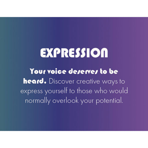 Graphic with the word 'Expression' and the message 'Your voice deserves to be heard' on a purple and blue gradient background.