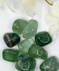 Green Fluorite Tumbled Stones displaying smooth, polished crystals in vibrant green hues, known for their purifying energy, emotional healing properties, and ability to enhance clarity and focus.