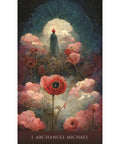 Illustration of Archangel Michael card featuring a figure standing among blooming flowers under a glowing archway in a mystical landscape.