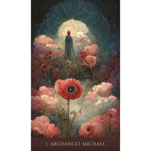 Illustration of Archangel Michael card featuring a figure standing among blooming flowers under a glowing archway in a mystical landscape.