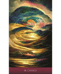 Illustration of 'Choice' card featuring a radiant golden path winding through vibrant landscapes with a setting sun in the background.