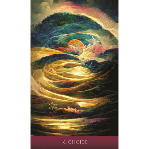 Illustration of 'Choice' card featuring a radiant golden path winding through vibrant landscapes with a setting sun in the background.