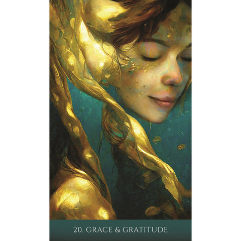 Illustration of 'Grace & Gratitude' card featuring a serene woman with eyes closed, surrounded by flowing golden ribbons in a peaceful setting.