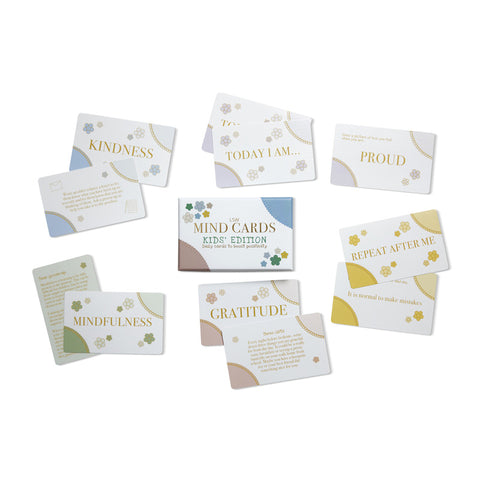 LSW Mind Cards Kids' Edition set displayed with cards featuring categories like Kindness, Mindfulness, Gratitude, and Proud, with colorful floral accents.