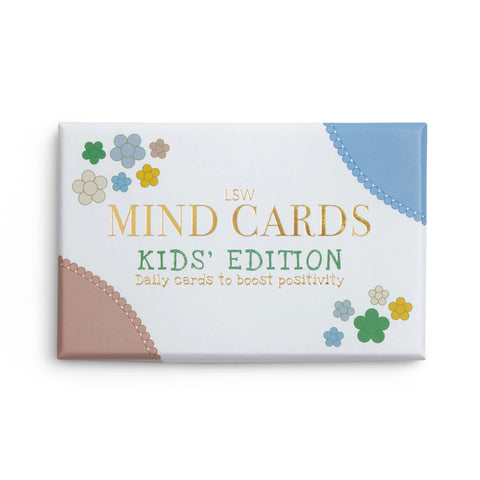 Box of LSW Mind Cards Kids' Edition featuring the text 'Daily Cards to Boost Positivity' with playful floral designs and colorful accents.