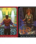 Two cards from the Psychic Tarot Oracle Deck: 'Material & Spiritual Prosperity' and 'New Beginnings,' featuring vibrant illustrations.