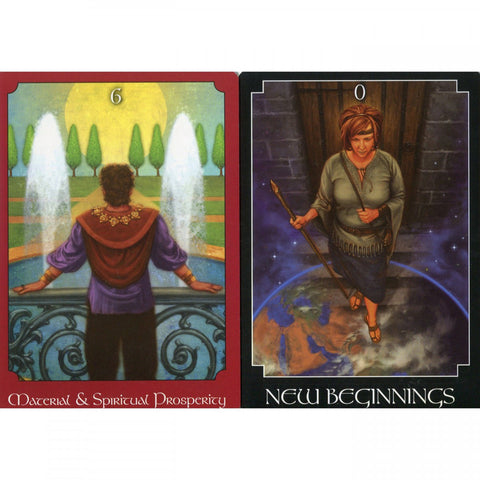 Two cards from the Psychic Tarot Oracle Deck: 'Material & Spiritual Prosperity' and 'New Beginnings,' featuring vibrant illustrations.