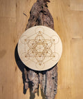 Metatrons Cube Crystal Grid on tree bark and wooden background