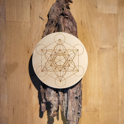 Metatrons Cube Crystal Grid on tree bark and wooden background