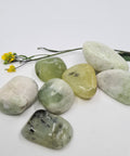 New Jade (Serpentine) Tumbled Stones showcasing smooth, polished crystals in soft green, yellow, and white hues, known for their ability to promote healing, spiritual growth, and energy clearing.