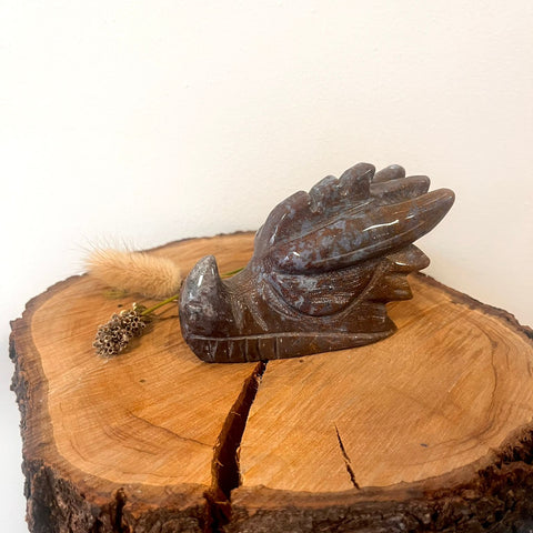 Ocean Jasper Dragon Head – a hand-carved crystal dragon head with natural ocean jasper patterns, symbolizing strength, protection, courage, and calm.