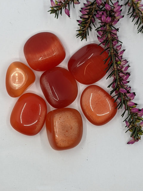 Peach Cat's Eye Tumbled Stones featuring smooth, polished crystals in soft peach and orange hues, known for their calming and balancing energy, ideal for emotional healing and self-reflection.