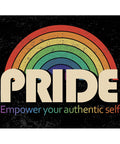 Cover of PRIDE mini cards featuring a vintage-style rainbow with the message 'Empower your authentic self' on a black textured background.