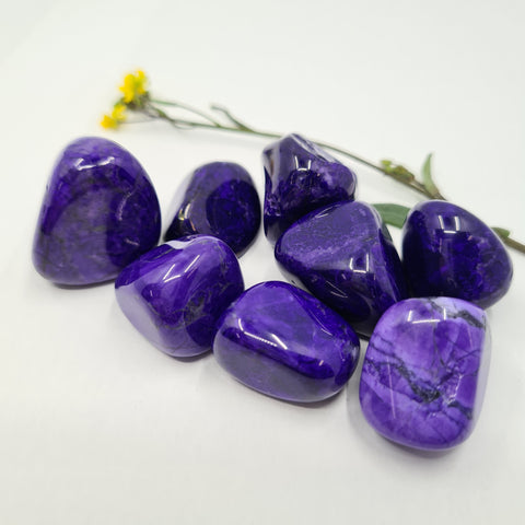 Purple Howlite Tumbled Stones showcasing smooth, polished crystals in vibrant purple hues with natural veining, known for their calming energy and ability to enhance spiritual awareness and emotional healing.