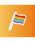 Graphic of a rainbow pride flag waving on a bright orange gradient background, symbolizing LGBTQ+ pride and inclusivity.