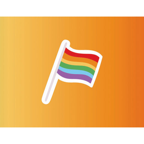 Graphic of a rainbow pride flag waving on a bright orange gradient background, symbolizing LGBTQ+ pride and inclusivity.