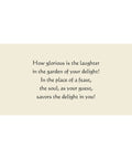 Image featuring a rumi card with a poetic verse about laughter, delight, and the soul as a guest, enjoying the beauty and joy within a person's presence.