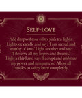 Card featuring a self-love ritual with instructions to light candles and recite affirmations, surrounded by gold decorative accents on a burgundy background.