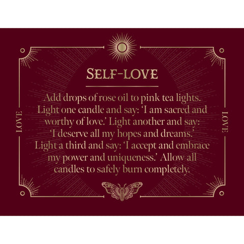 Card featuring a self-love ritual with instructions to light candles and recite affirmations, surrounded by gold decorative accents on a burgundy background.