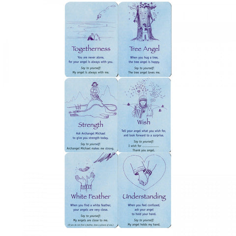 Set of six 'Angel Cards for Children' featuring messages like Togetherness, Strength, Wish, and Understanding, with whimsical illustrations.