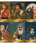 Six 'Angels and Ancestors Oracle Cards' featuring characters like Shaolin Master, Shapeshifter, She-Wolf, Shield Maiden, Spirit Fox, and Star Ancestor.