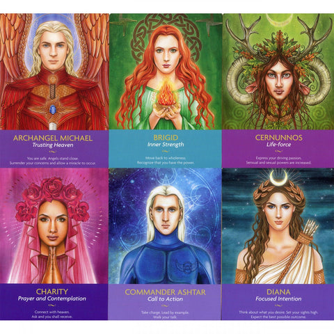 Keepers of the Light Oracle Cards displaying Archangel Michael, Brigid, Cernunnos, Charity, Commander Ashtar, and Diana for spiritual guidance.