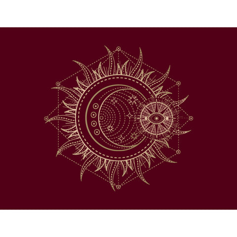 Intricate gold celestial design featuring a crescent moon, sun rays, and an all-seeing eye on a deep burgundy background.