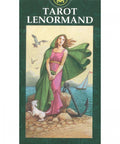 Tarot Lenormand deck box featuring a serene illustration of a woman standing on a beach with an anchor and a dog by her side.