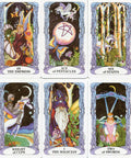 Tarot of a Moon Garden cards featuring vibrant imagery with The Empress, Ace of Pentacles, Knight of Cups, and other mystical figures.