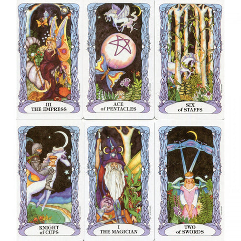 Tarot of a Moon Garden cards featuring vibrant imagery with The Empress, Ace of Pentacles, Knight of Cups, and other mystical figures.