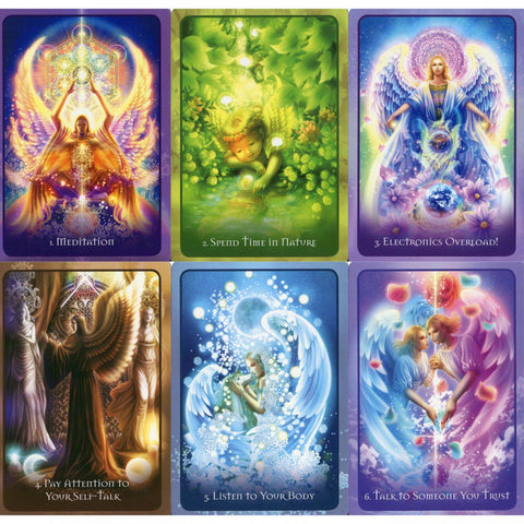 Teen Angel Oracle Cards set featuring vibrant artwork for meditation, self-care, and spiritual guidance with messages like 'Listen to Your Body.'