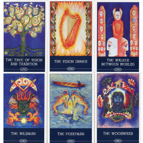 Oracle card deck featuring vibrant illustrations: Tree of Vision, Vision Singer, Walker Between Worlds, Wildman, Ferryman, and Woodward.