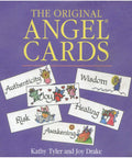 Cover of 'The Original Angel Cards' by Kathy Tyler and Joy Drake, featuring words like Joy, Wisdom, Healing, and colorful illustrations.