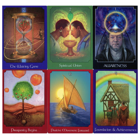 Six Psychic Tarot Oracle cards: The Waiting Game, Spiritual Union, Awareness, Prosperity Begins, Positive Movement Forward, and Foundation & Achievements.