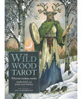 The Wild Wood Tarot deck cover featuring a mystical figure in a snowy forest, holding a shield and staff, symbolizing wisdom and nature.