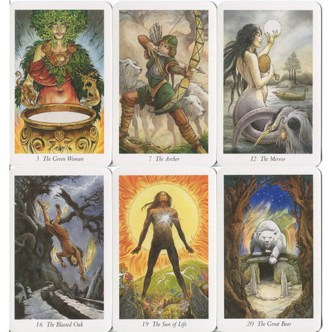 Six Wild Wood Tarot cards featuring 'The Green Woman,' 'The Archer,' 'The Mirror,' 'The Blasted Oak,' 'The Sun of Life,' and 'The Great Bear.