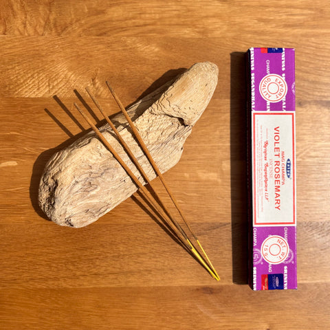 Satya Violet Rosemary Incense Sticks 15g box on a white background, featuring a fresh and floral herbal blend.