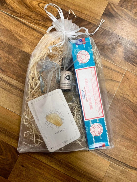 Abundance Intention Gift Bag with Money Matrix incense, Sweet Orange oil and citrine crystal