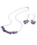 Amethyst chip gemstone necklace and matching earring set on white background — Fragrant Heaven