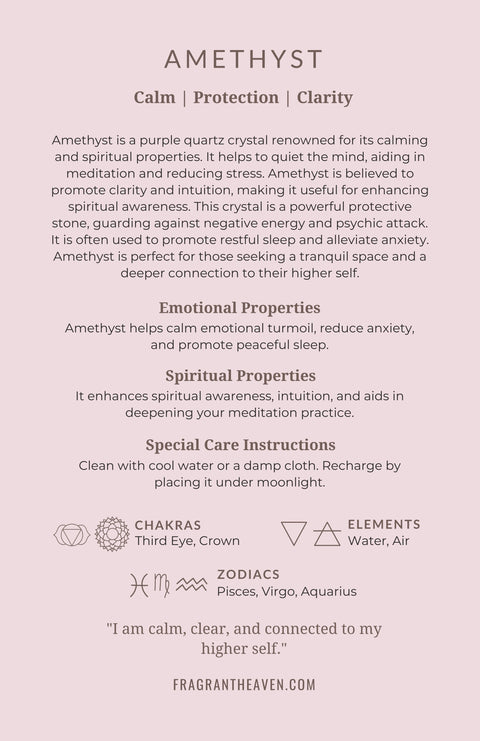 Amethyst meaning card back showing properties, chakras and affirmation — Fragrant Heaven