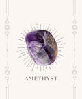 Amethyst meaning card front showing purple tumbled stone on cream mystical bordered card — Fragrant Heaven