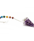 Amethyst orgonite pendulum with chakra bead chain for energy work, dowsing, and protection