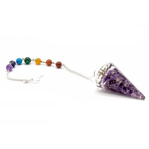 Amethyst orgonite pendulum with chakra bead chain for energy work, dowsing, and protection
