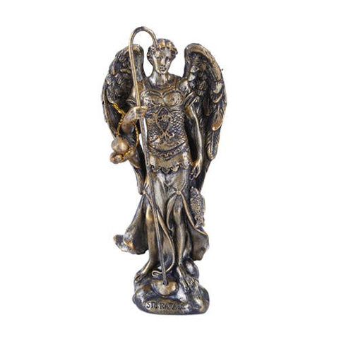 Archangel Raphael resin statue holding a staff and healing vessel, symbolizing healing, compassion, and restoration. Used for altars, sacred spaces, and spiritual decor.