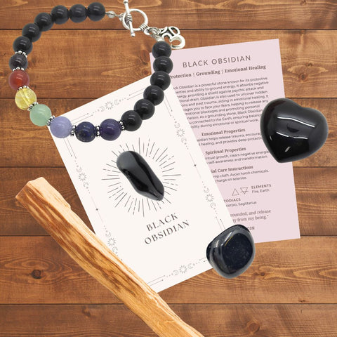 Black Obsidian Crystal Healing Gift Set with bracelet and crystals