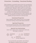 Black obsidian meaning card back showing properties, chakras and affirmation — Fragrant Heaven