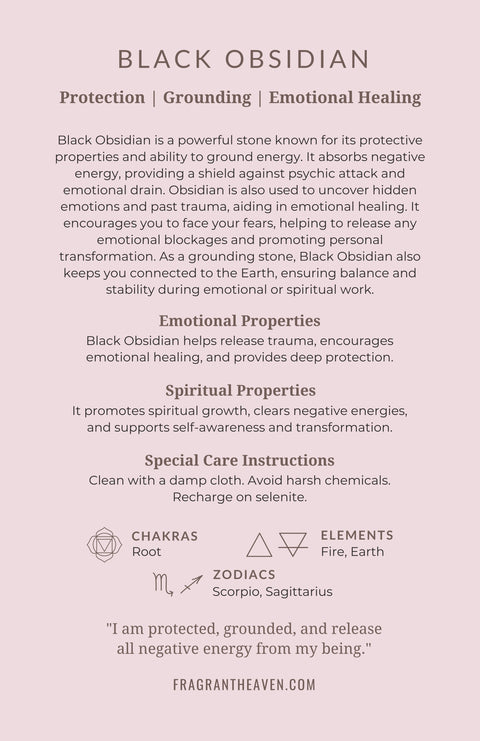 Black obsidian meaning card back showing properties, chakras and affirmation — Fragrant Heaven